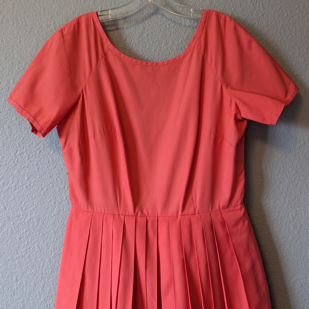 Vintage Elegant Orange Peach Dress Pleats Fit & Flare With Pockets Sz. L - Picture 9 of 10